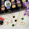 18K Gold Clover Necklace and Bracelet Set – Real Gemstone Jewelry in Mother of Pearl, Malachite, and Black Onyx