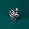 A front view capturing the mystical beauty of this handcrafted snake ring. The oxidized 925 sterling silver and intricate detailing of the serpent’s head create a sense of mystery and power, perfect for those drawn to symbolic jewelry.