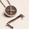 925 Sterling Silver Viking Shield Pendant with Axe and Black Cubic zirconia Accents.