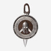 One-of-a-kind handcrafted Spartan pendant made from sterling silver, Bocote wood, and black cubic zirconia – front design close-up.