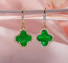 18K Gold Clover Earrings with Cubic Zirconia, Green Jade, Black Onyx, Mother of Pearl – Elegant Dangle Jewelry Gift for Her