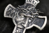 Side angle of silver INRI cross pendant highlighting intricate craftsmanship and spiritual symbolism