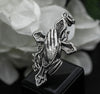Christian necklace featuring praying hands, ornate 925 sterling silver cross and rosary